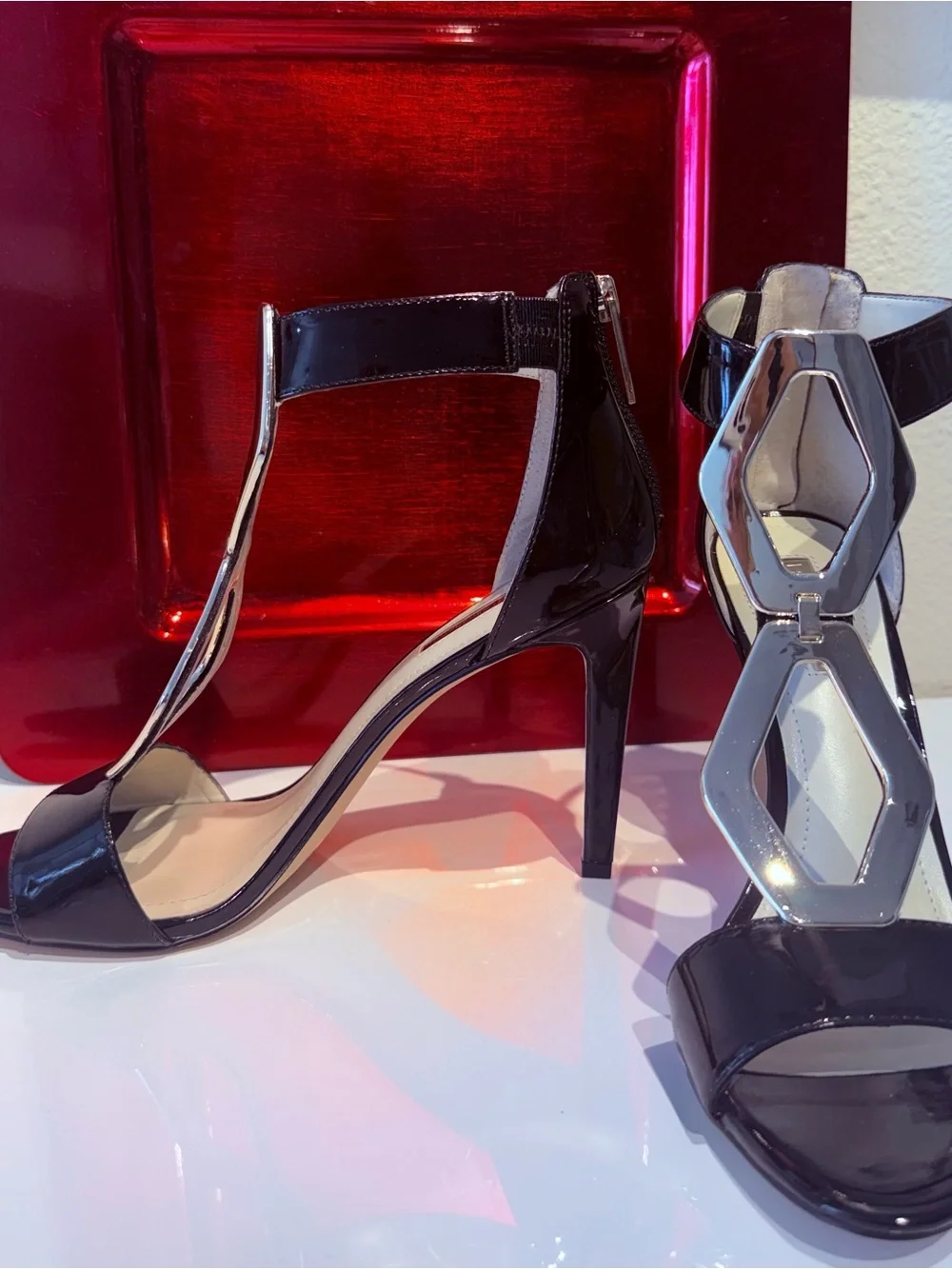 BCBG Black Patent High Heels Stiletto Sandals with Silver Accent BRAND NEW